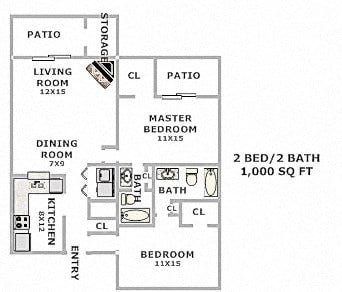 Floor plan for 2 beds, 2 baths, 1000 sqft